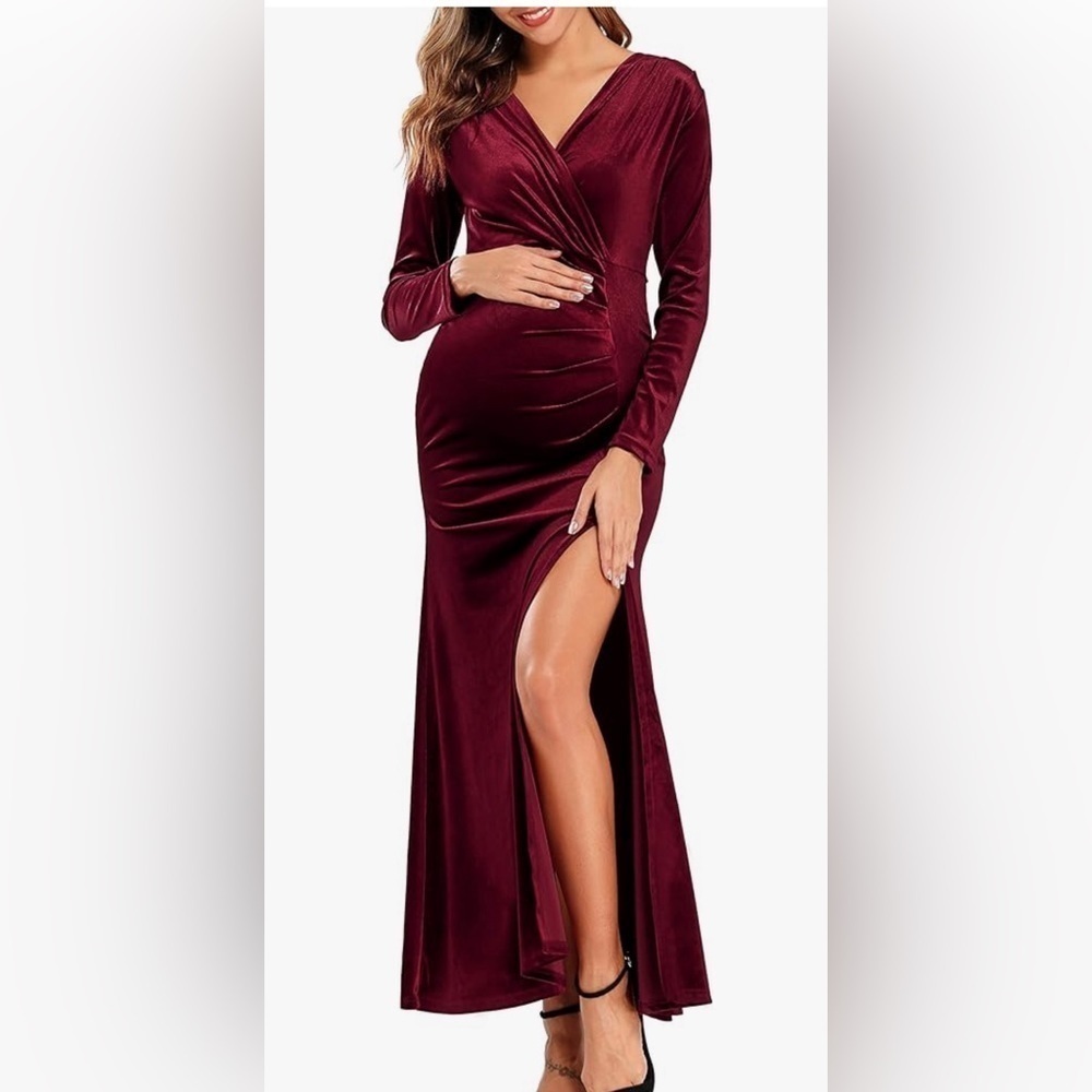 NEW Babalet Burgundy Velvet Wrap V-Neck Maternity Long Dress Gown
